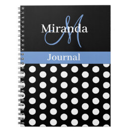 Black White Blue Monogram Script Polka Dot Anteckningsbok