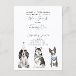 Black White Blue Script Boy's 1st Birthday Party Inbjudan Vykort
