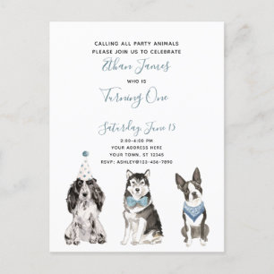 Black White Blue Script Boy's 1st Birthday Party Inbjudan Vykort