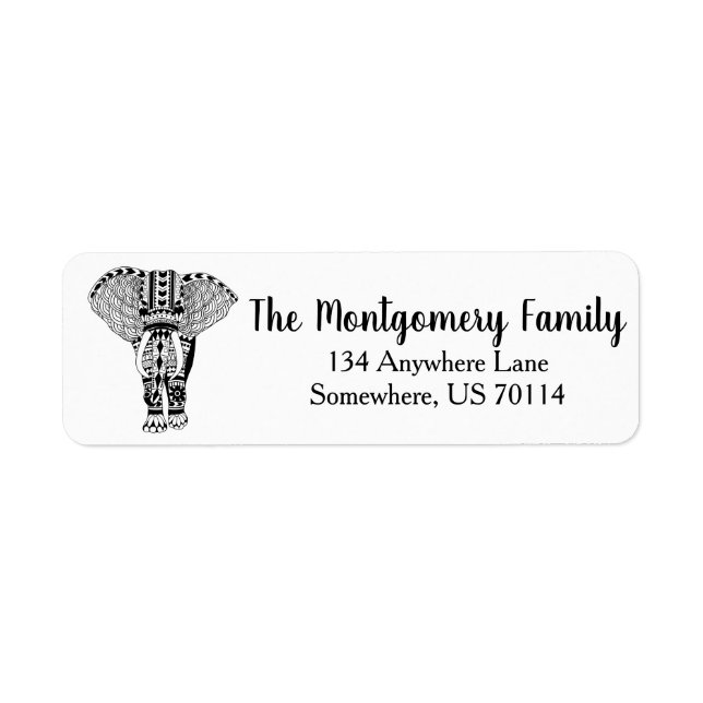 Black & White Bohemian Elephant Family Returadress Etikett (Framsidan)