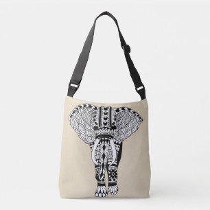 Black & White Bohemian Tribal Elephant Taupe Axelväska