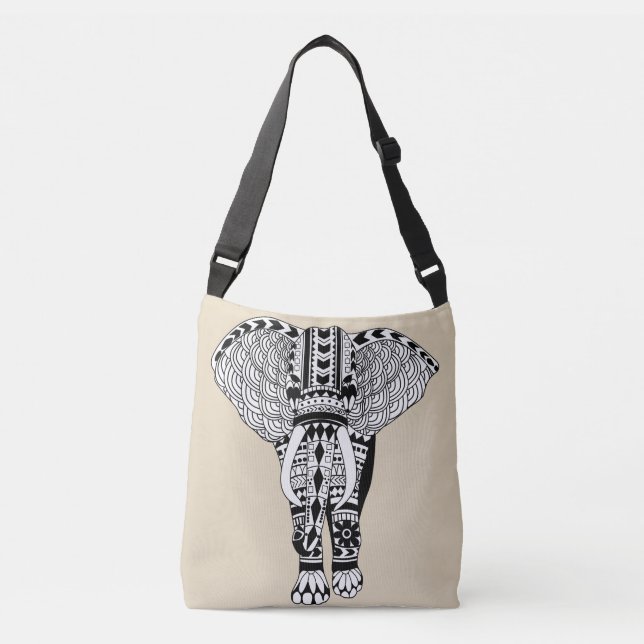 Black & White Bohemian Tribal Elephant Taupe Axelväska (Framsida)