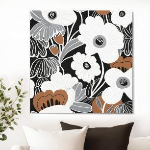 Black White Boho Blommigt Canvastryck