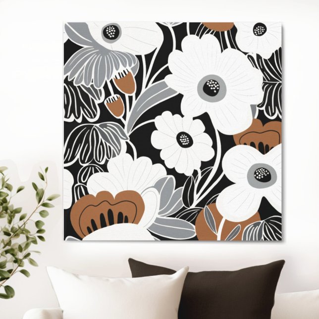 Black White Boho Blommigt Canvastryck (Transform your space with the timeless beauty of floral Boho Mid Century Modern canvas. )