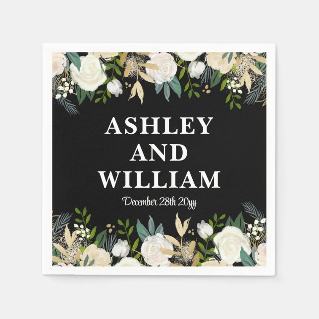 Black & White Boho Bohemian Chic Greenery Bröllop Pappersservett (Framsidan)