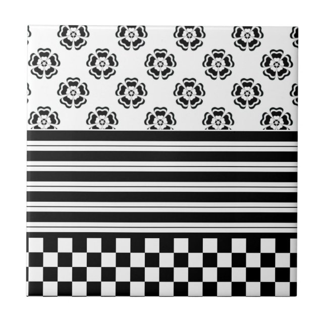 Black White Boho Check Blommigt Rand Mönster Kakelplatta (Framsidan)