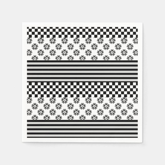 Black White Boho Check Blommigt Rand Mönster Pappersservett (Framsidan)