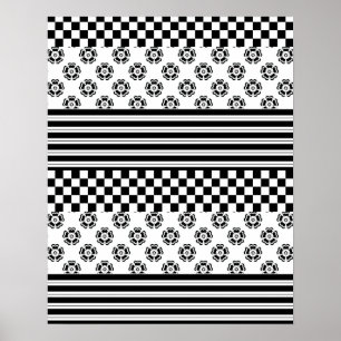 Black White Boho Check Blommigt Rand Mönster Poster