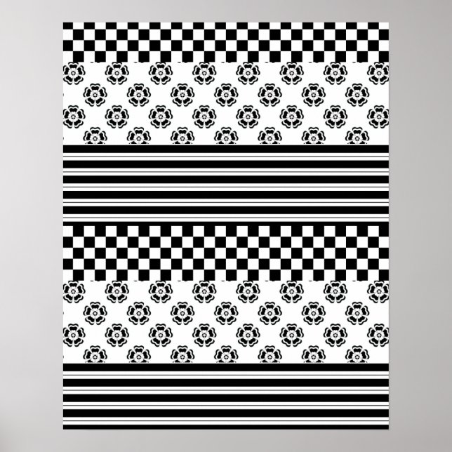 Black White Boho Check Blommigt Rand Mönster Poster (Framsidan)