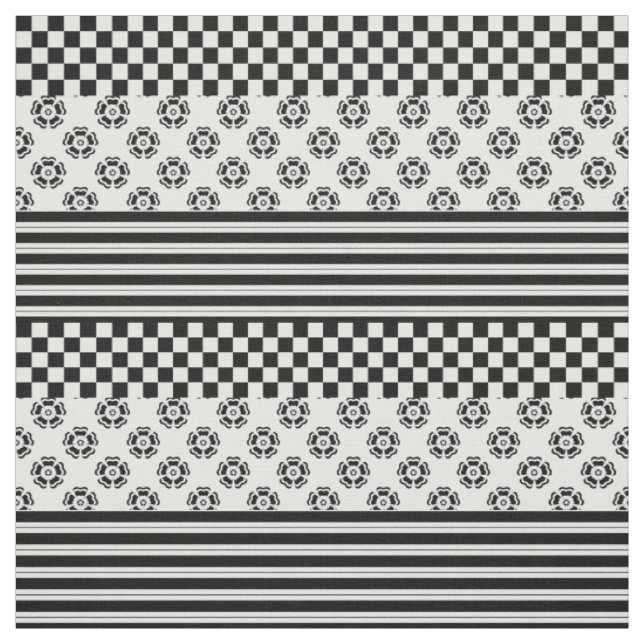 Black White Boho Check Blommigt Rand Mönster Tyg (Provkarta)