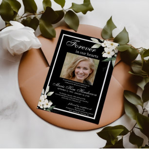 Black White Boho Greenery Funeral Memorial Service Inbjudningar