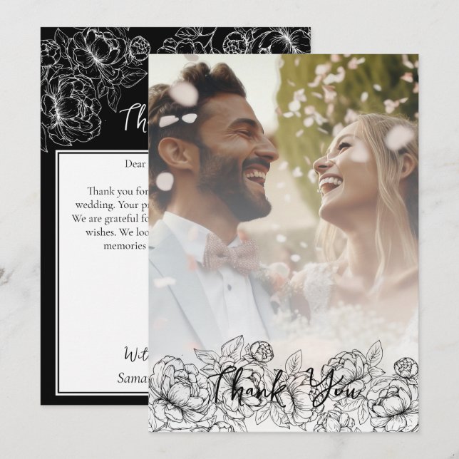 Black White Boho Modern Blommigt Elegant Photo Tack Kort (Fram/baksida)