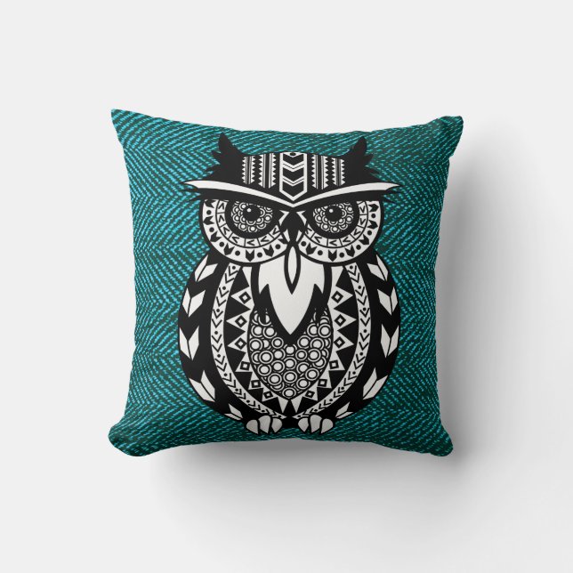 Black White Boho Uggla Geometric Teal Herringbone Kudde (Framsida)
