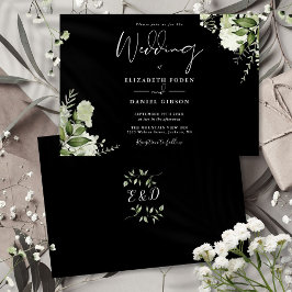 Black White Botanical Greenery Monogram Bröllop Inbjudningar