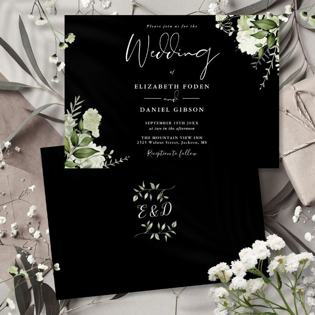Black White Botanical Greenery Monogram Bröllop Inbjudningar (Black White Botanical Greenery Monogram Wedding Invitation)