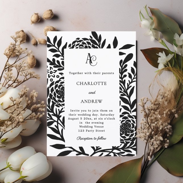 Black white botanical modern monogram wedding inbjudningar (Skapare uppladdad)