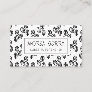Black White Botanical Substituute Teacher Visitkort