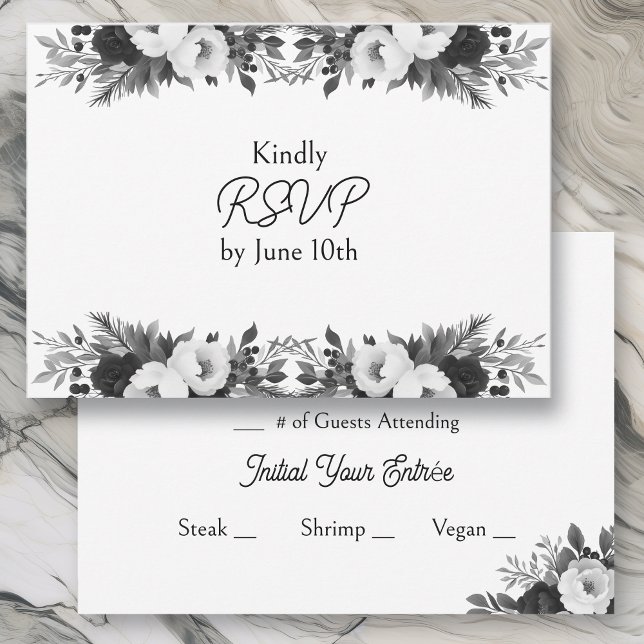 Black & White Botanical Wedding RSVP and Meals OSA Kort (Skapare uppladdad)