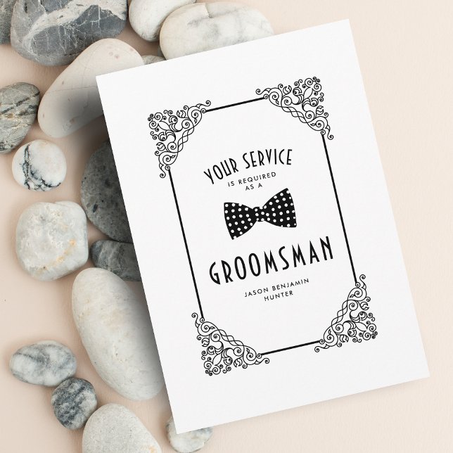 Black & White Bow Tie Groomsman Vintage Flourish (Skapare uppladdad)