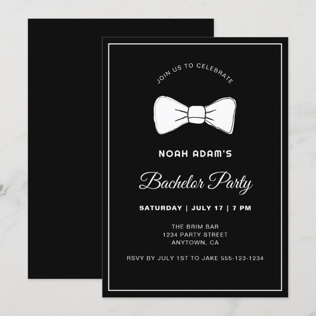 Black & White Bow Tie Modern Bachelor Party Invita Inbjudningar (Fram/baksida)