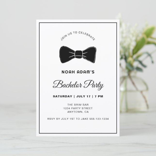 Black & White Bow Tie Modern Bachelor Party Invita Inbjudningar (Stående Fram)