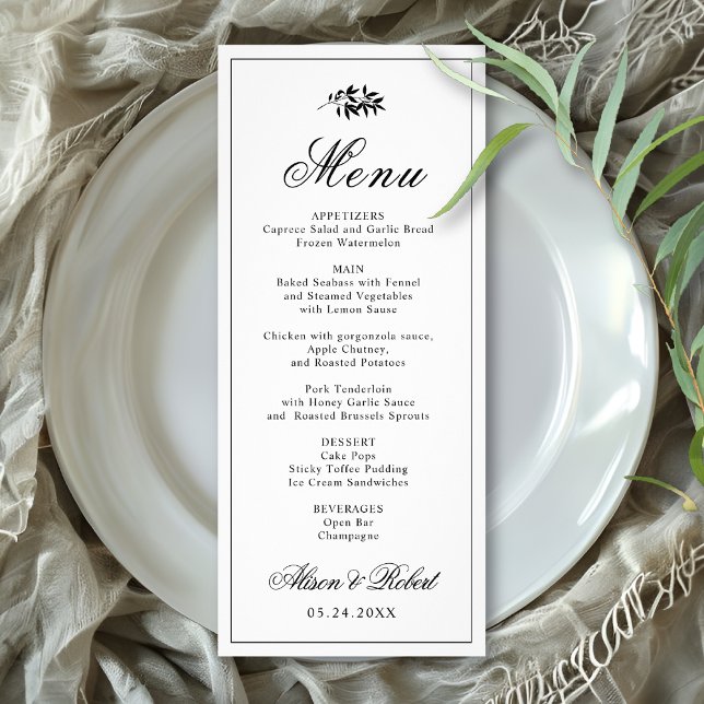 Black white branch Old Money wedding menu card Reklamkort (Skapare uppladdad)