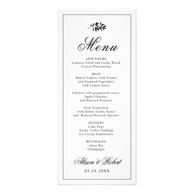 Black white branch Old Money wedding menu card Reklamkort (Framsidan)