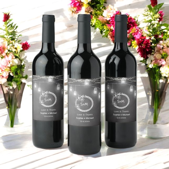 Black White Bröllop Chalkboard Mason Burk Vinflaska Etikett (Skapare uppladdad)
