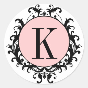 Black White Bröllop Monogram K Damask Rosa Label Runt Klistermärke