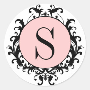 Black White Bröllop Monogram S Damask Rosa Label Runt Klistermärke