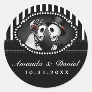 Black White Bröllop Skeletons Rand Namn Round Runt Klistermärke