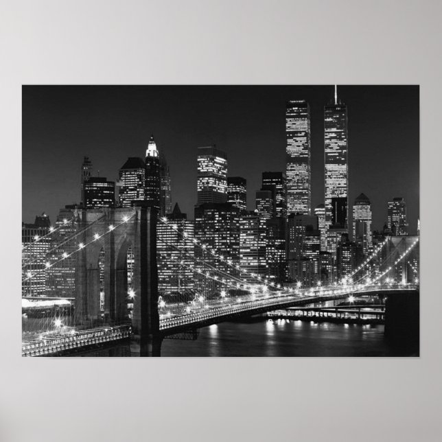 Black White Brooklyn Bridge New York Night Poster (Framsidan)