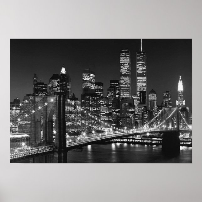 Black White Brooklyn Bridge New York Night Poster (Framsidan)