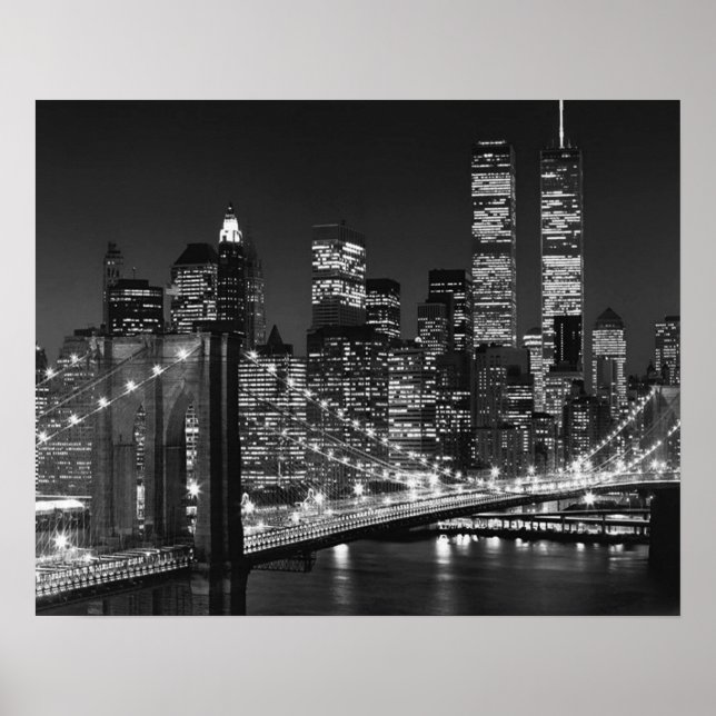 Black White Brooklyn Bridge New York Night Poster (Framsidan)