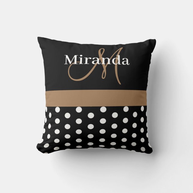 Black White Brown Monogram Script Polka dots Kudde (Framsida)
