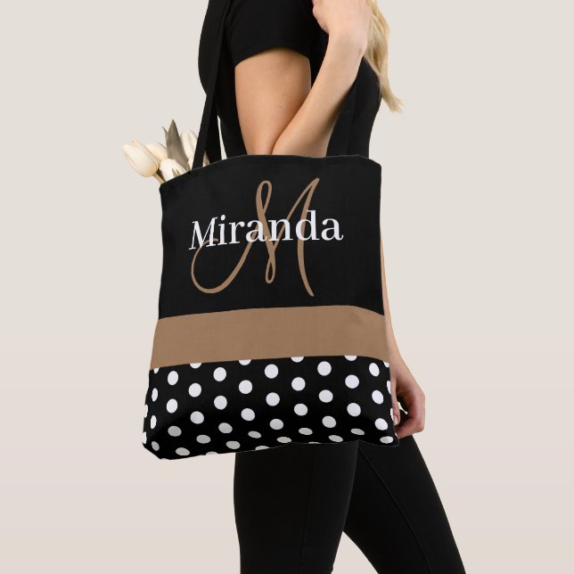 Black White Brown Monogram Script Polka dots Tygkasse (Närbild)