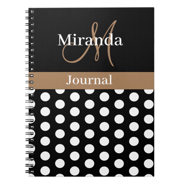 Black White Brown Monogram Script Polka punkt Anteckningsbok (Framsidan)