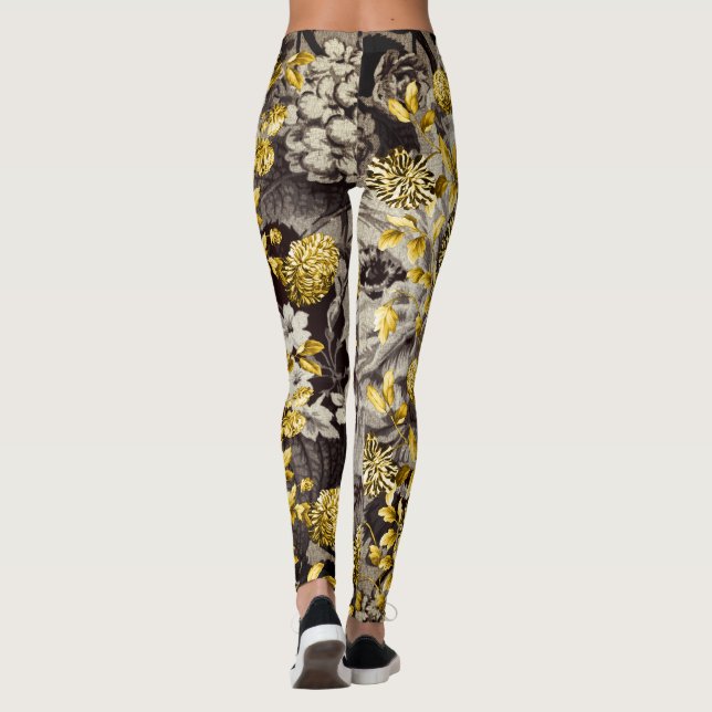 Black White Brown Tones Guld Blommigt Toile Leggings (Baksida)