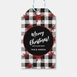 Black White Buffalo Check Red Glitter Snöflingor Presentetikett