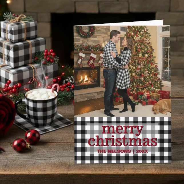 Black & White Buffalo Plaid Merry Christmas Photo Helgkort (Skapare uppladdad)