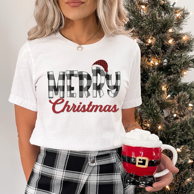 Black & White Buffalo Play Cheery God jul T Shirt (Black & White Buffalo Plaid Cheery Merry Christmas T-Shirt)