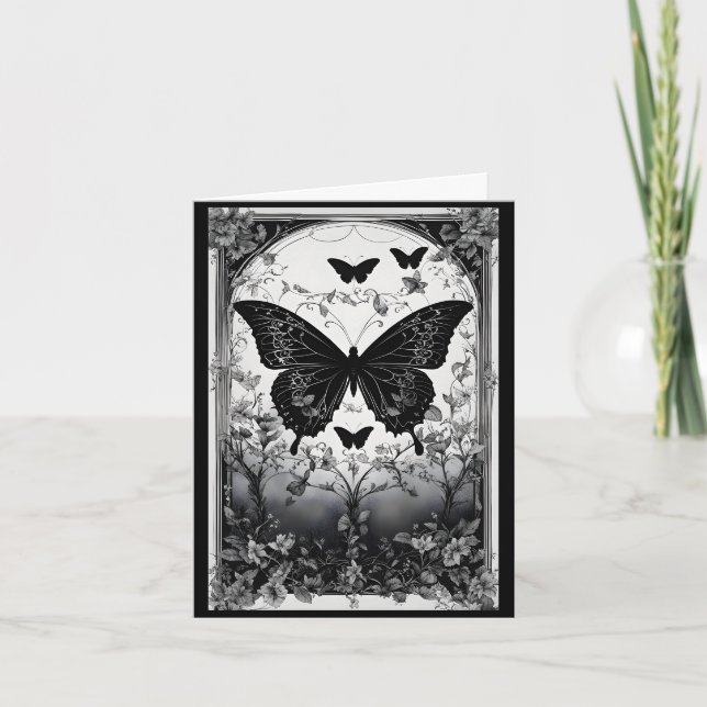 Black & White Butterflies Blommigt Goth Mors dag Helgkort (Framsida)