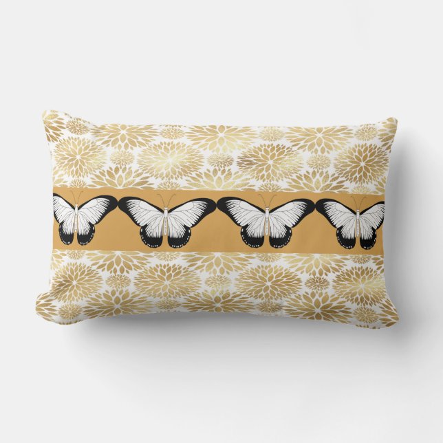 Black & White Butterflies & Faux Guld Flowers Lumbarkudde (Framsida)
