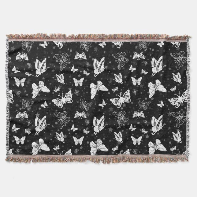 Black White Butterfly Illustration Mönster Design Filt (Framsidan)