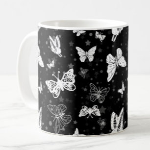 Black White Butterfly Illustration Mönster Design Kaffemugg