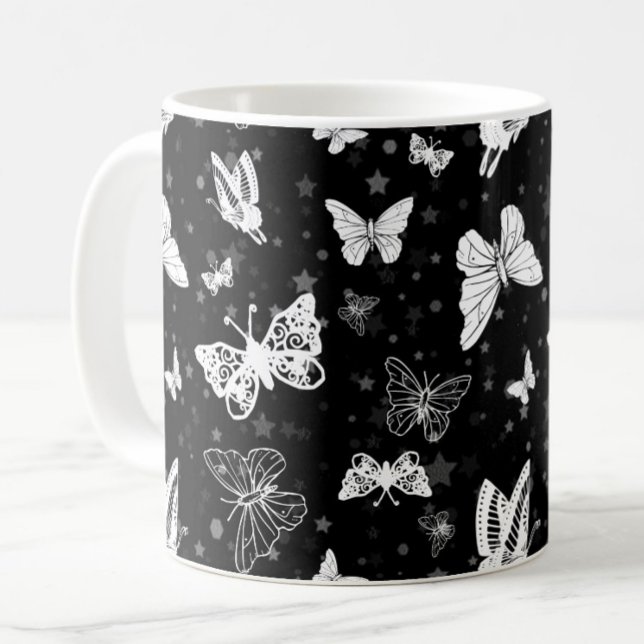 Black White Butterfly Illustration Mönster Design Kaffemugg (Skapare uppladdad)