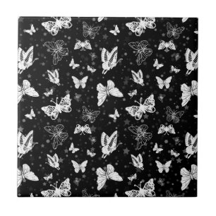 Black White Butterfly Illustration Mönster Design Kakelplatta