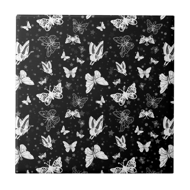 Black White Butterfly Illustration Mönster Design Kakelplatta (Framsidan)