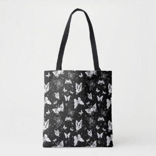 Black White Butterfly Illustration Mönster Design Tygkasse