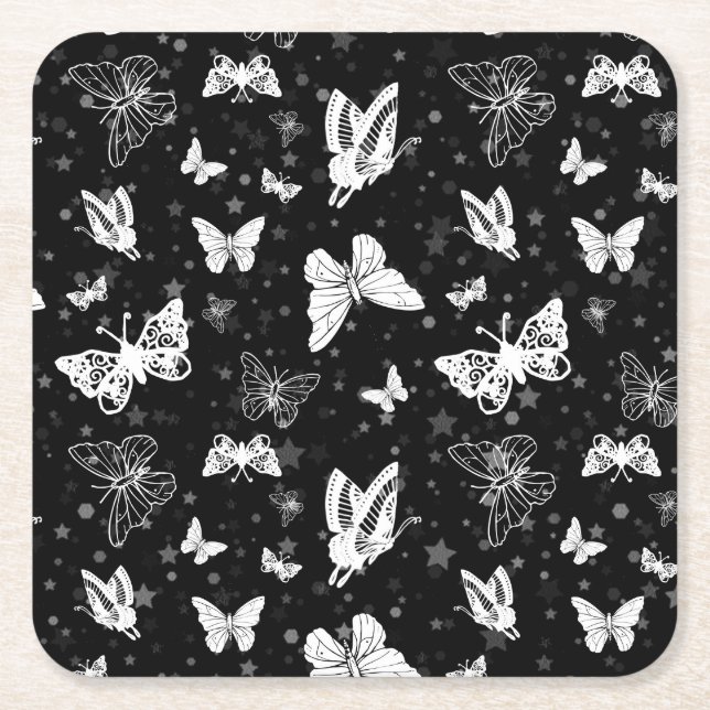 Black White Butterfly Illustration Mönster Design Underlägg Papper Kvadrat (Framsidan)